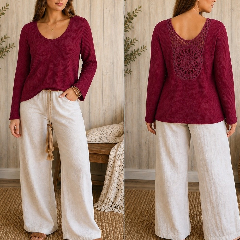 Womens Waffle‎ Knit Crochet Back Sweater L Red Long Sleeve Boho Hippie Coastal